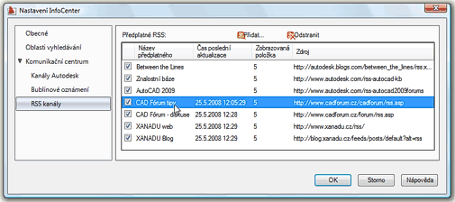 Přidávání RSS kanálů - AutoCAD 2009