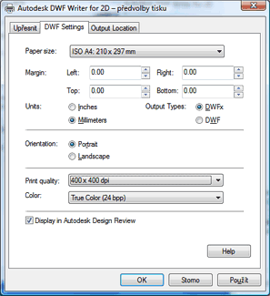 Parametry DWF tisku - software Vista 64