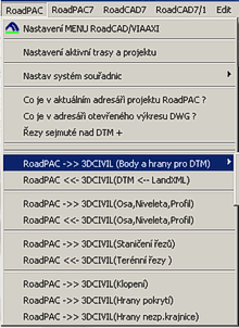 ��st menu RoadPAC v Civil 3D